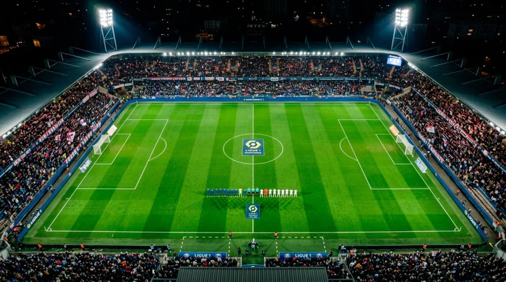 Vue plongeante d'un terrain de football de Ligue 1 éclairé sous les projecteurs avant un match