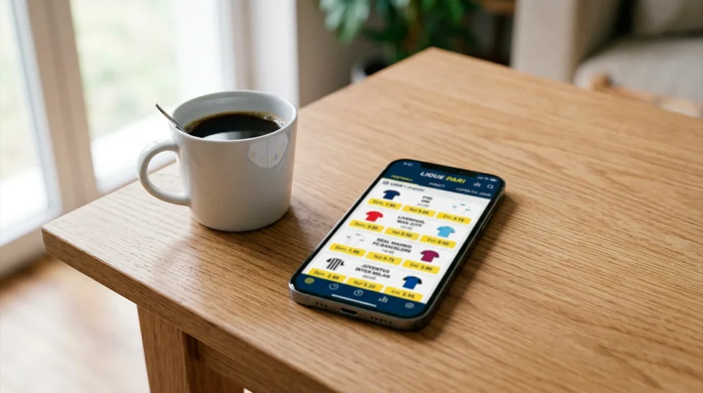 Smartphone posé sur un bureau affichant une application de paris sportifs pour la Ligue 1