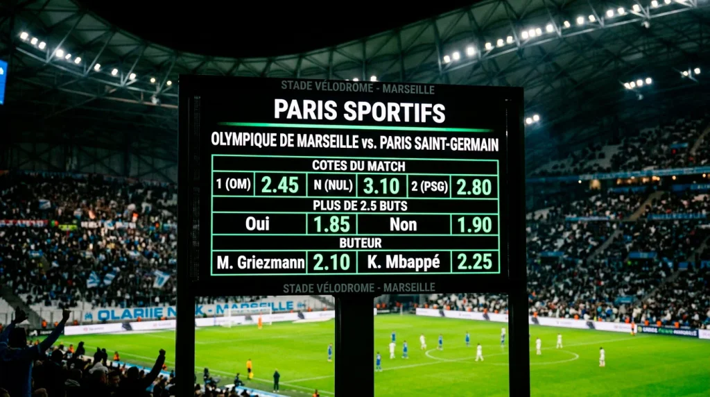 Tableau d'affichage lumineux d'un stade de football montrant les cotes d'un match de Ligue 1