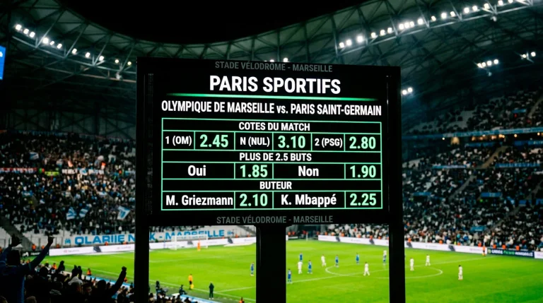 Tableau d'affichage lumineux d'un stade de football montrant les cotes d'un match de Ligue 1