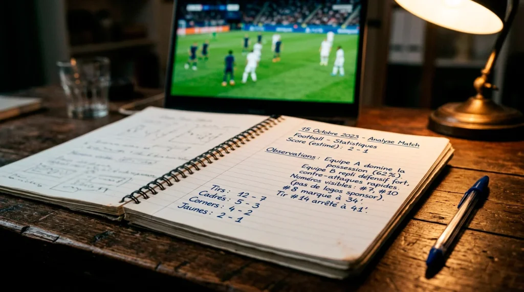 Carnet de notes ouvert sur une table avec un stylo à côté d'un écran montrant un match de Ligue 1